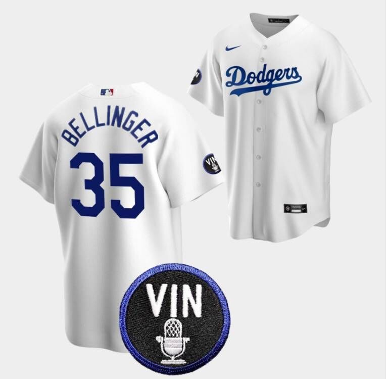 Men's White Los Angeles Dodgers #35 Cody Bellinger 2022 Vin Scully Patch Cool Base Stitched Baseball Jersey